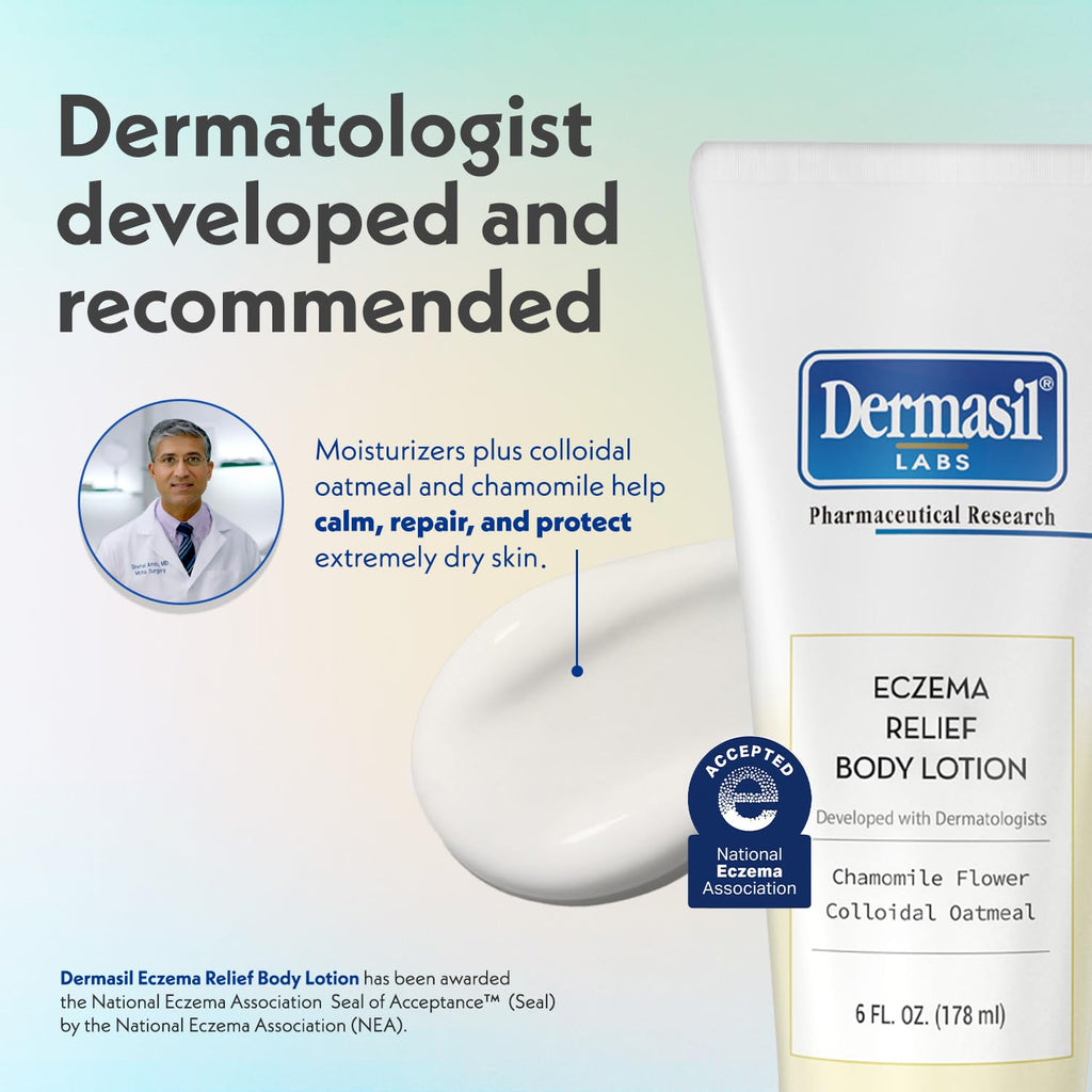 Dermasil Eczema Relief Lotion 3-Pack – Fast-absorbing, non-greasy, fragrance-free with oatmeal & chamomile. Cruelty-free, 6 oz each.