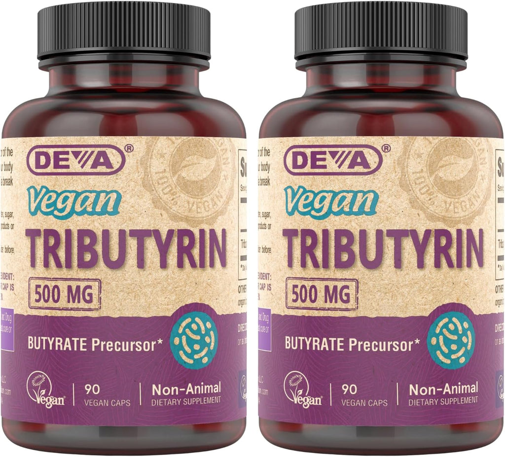 DEVA Vegan Tributyrin Supplement - Butyrate Precursor, Gut Barrier Support, 500 MG Vegan Capsules, Leaky Gut Support, 90 Count (Pack of 2)