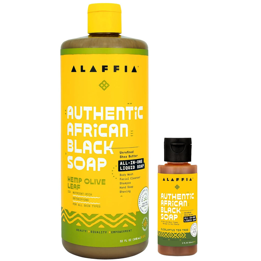 Alaffia Authentic African Black Soap, Hemp Olive Leaf – All-in-One Moisturizing Cleanser for Face, Hands, Body & Hair, 32 Oz