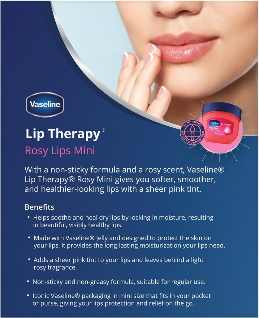 Vaseline Lip Therapy Rosy Lips Mini - Pure Petroleum Jelly, Advanced Moisture, Light Rose Fragrance, Sheer Tint, Pack of 6 (0.25 oz each)