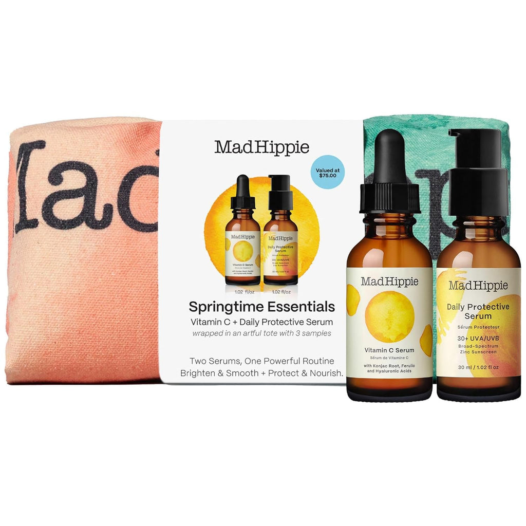 Mad Hippie Vitamin C Serum, Daily Protective SPF Serum + 3 Assorted Pillow Packs – “Springtime Essentials” Wrapped in Watercolor Dots Canvas Tote Bag