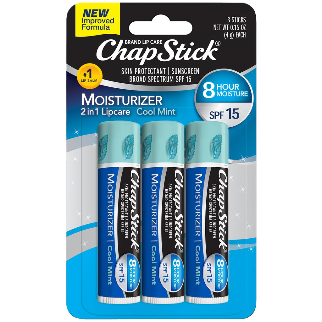 ChapStick Moisturizer (Cool Mint Flavor, 0.15 Ounce, 3 Sticks) Lip Balm Tube, Skin Protectant, Lip Care, SPF 15