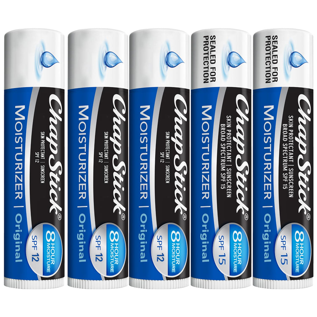 ChapStick Moisturizer 2-in-1 Lipcare 5-Pack (SPF 12 & 15) – Original Lip Balm with Broad Spectrum SPF, Aloe & Vitamin E, 0.15 Oz Ea