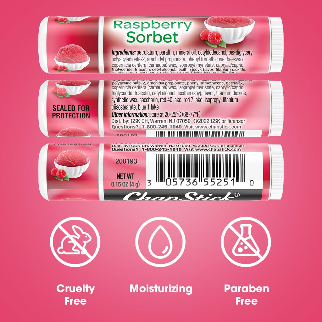 ChapStick Lip Moisturizer, Raspberry Sorbet, 12-Pack – Bulk Lip Balm, Luscious & Sweet, 0.15 Oz Ea