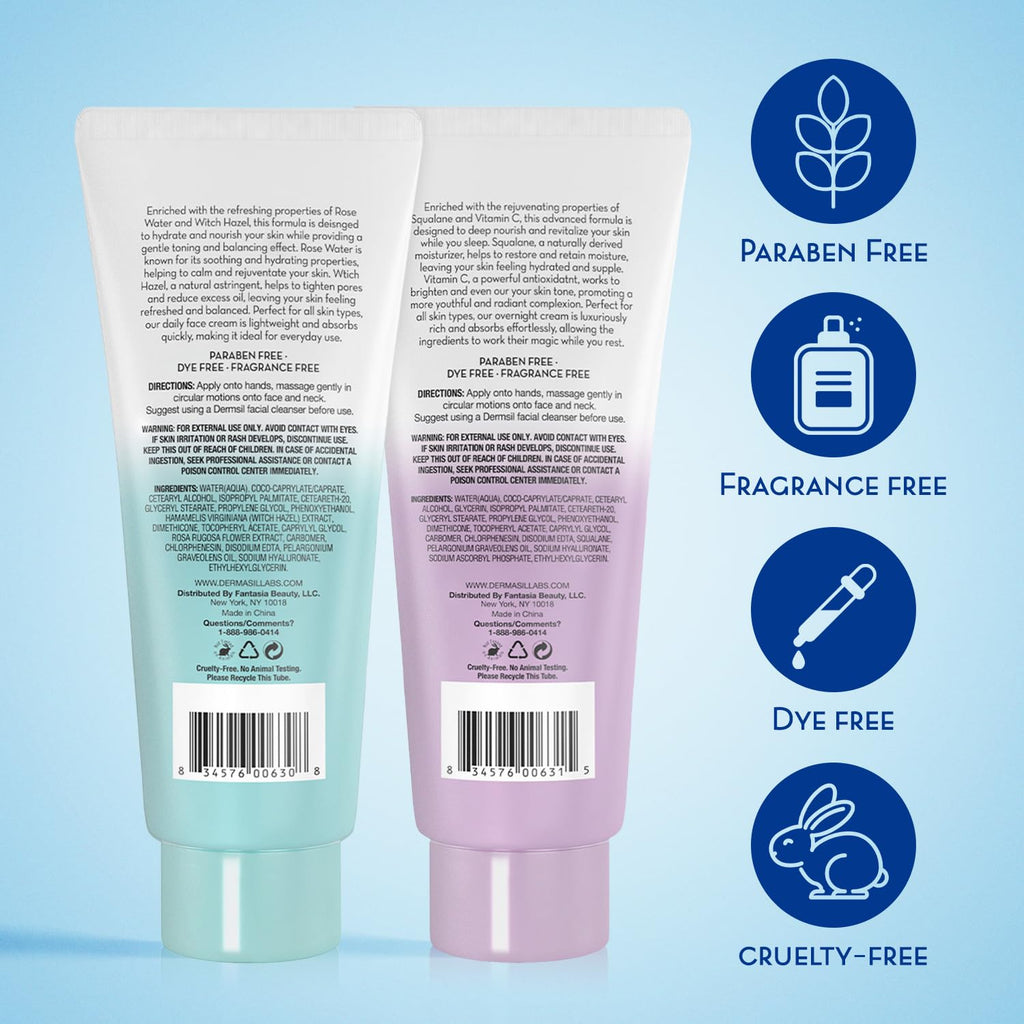 Dermasil Face Moisturizer Variety 2-Pack – Daily Face Cream with Witch Hazel and Rose Water + Night Cream with Vitamin C and Squalane, 2 Oz Ea