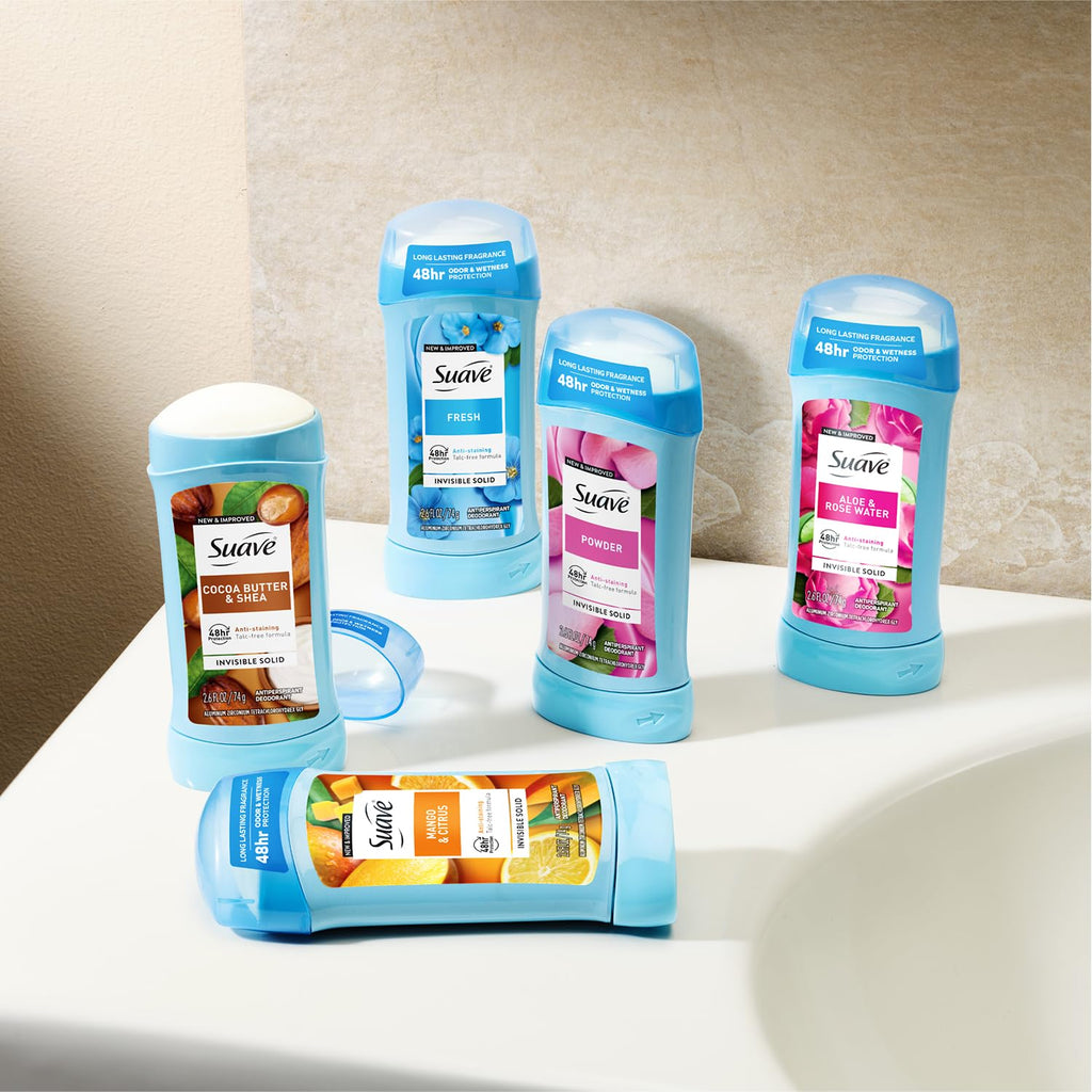 Suave Antiperspirant Deodorant for Women, Fresh & Powder Variety 2-Pack – Anti-Staining Invisible Solid Sticks, Talc-Free, 2.6 Oz Ea