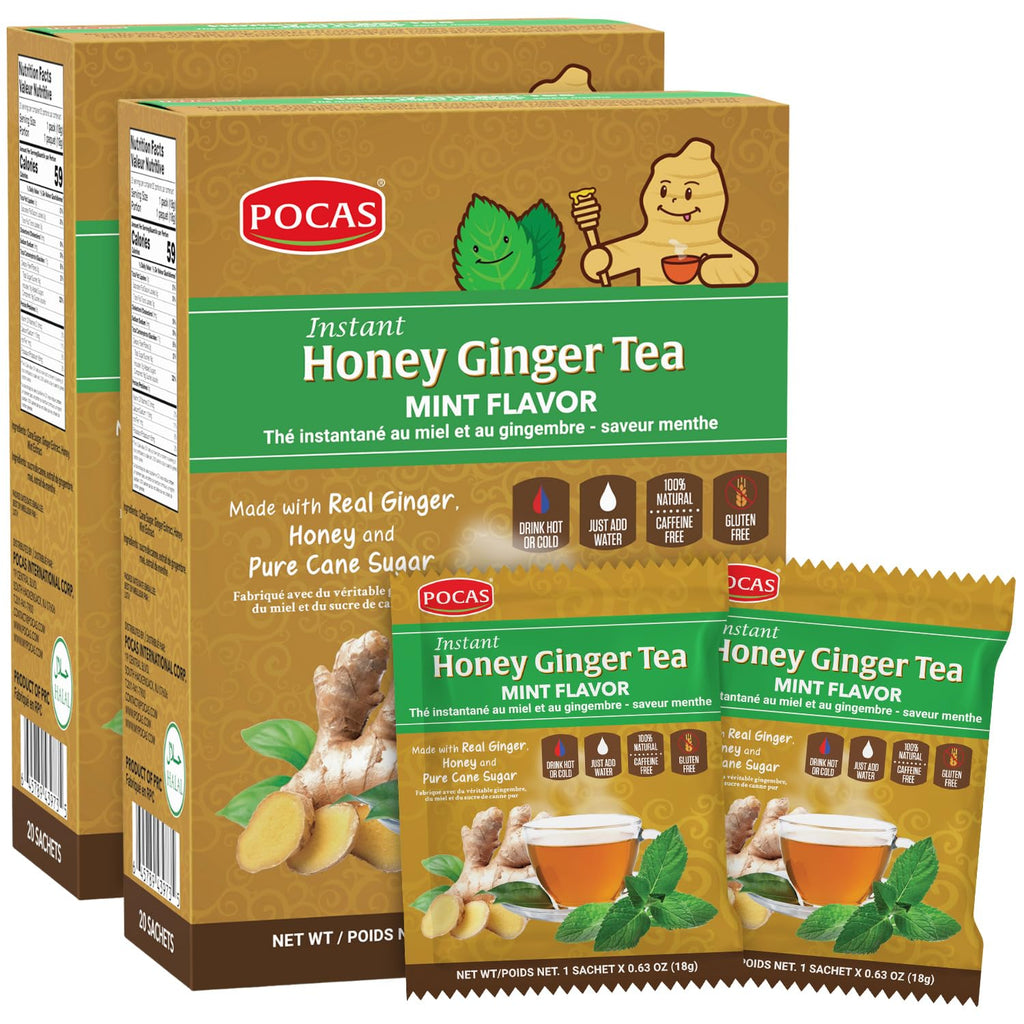 Pocas Honey Ginger Tea—Instant Powder Packets with Mint & Ginger Honey Crystals Tea, Non-GMO/Gluten Free/Caffeine Free Tea, 20 Count (Pack of 2)