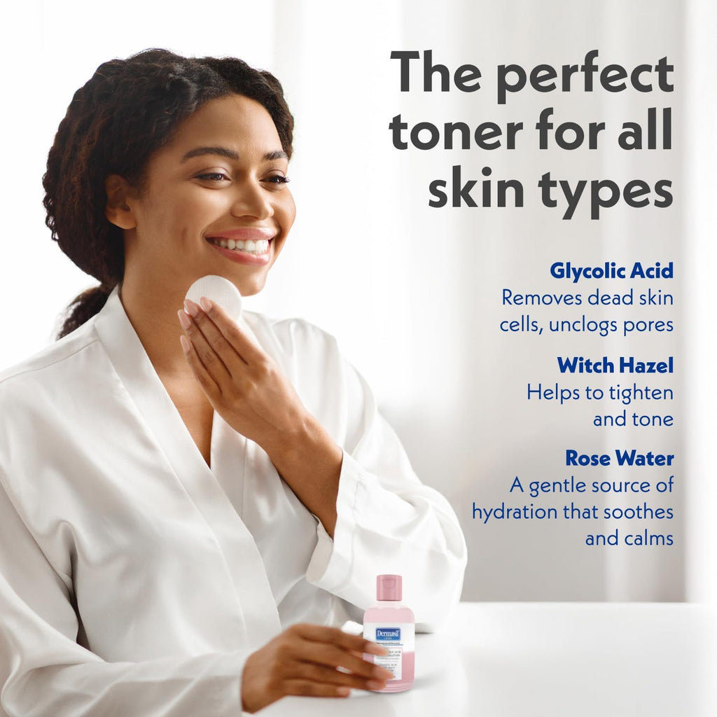 Dermasil AHA Glycolic Acid Toning Solution 3-Pack – Exfoliating Toner for Face with Rose Water, Witch Hazel, and Hyaluronic Acid, 4 Oz Ea