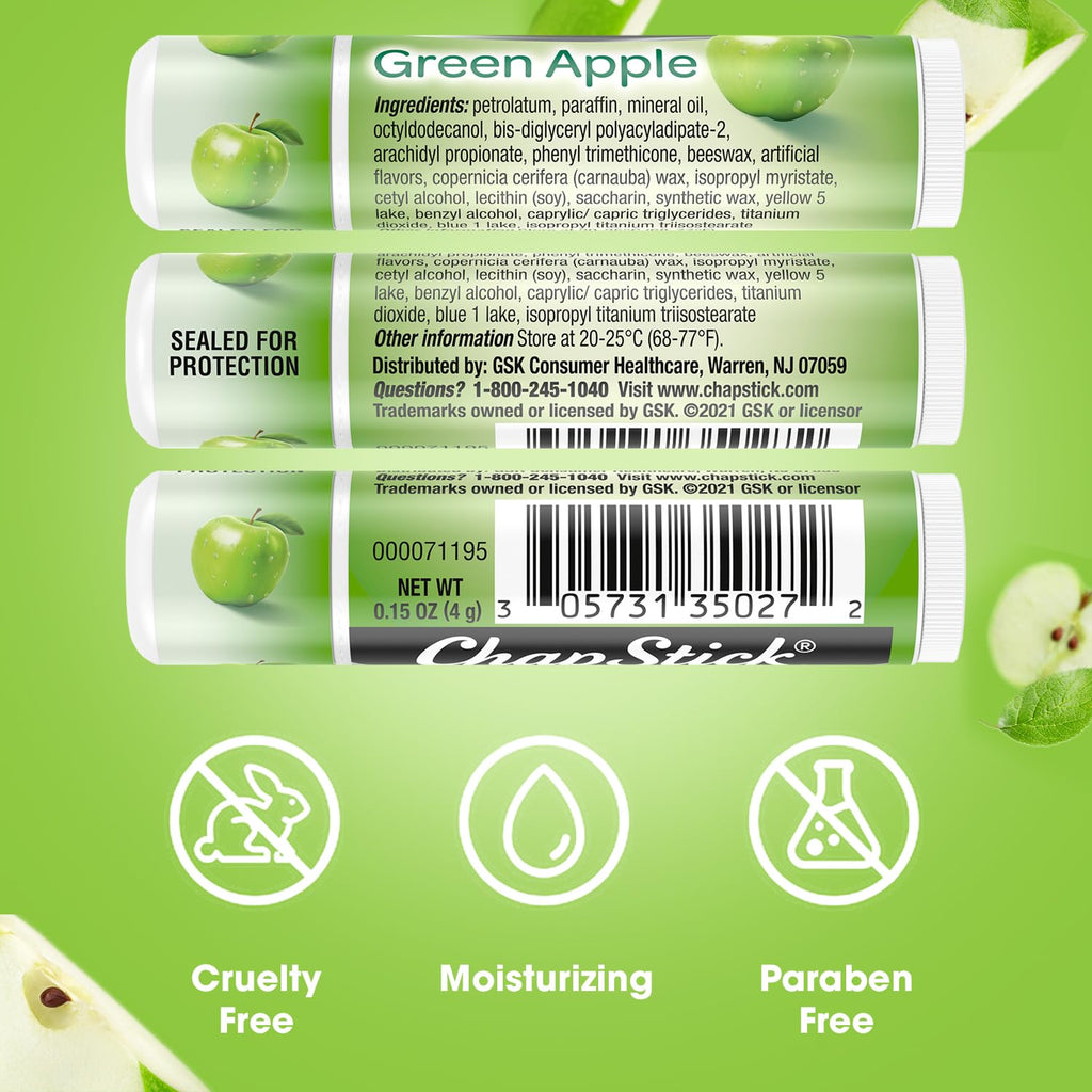 ChapStick Lip Moisturizer, Green Apple, 12-Pack – Bulk Lip Balm, Sweet & Tangy, 0.15 Oz Ea