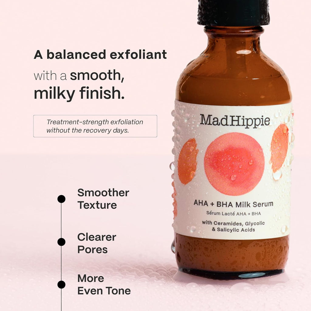 Mad Hippie AHA + BHA Milk Serum – Gentle Exfoliating Face Serum with Ceramide NP, Glycolic, Lactic & Salicylic Acids, 2 Fl Oz