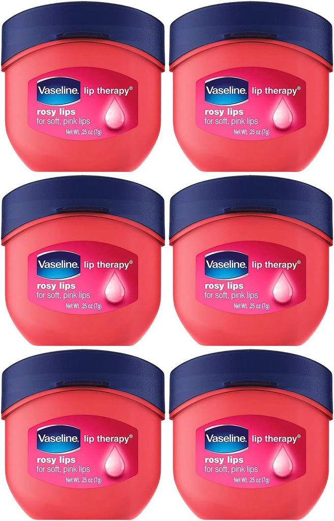 Vaseline Lip Therapy Rosy Lips Mini - Pure Petroleum Jelly, Advanced Moisture, Light Rose Fragrance, Sheer Tint, Pack of 6 (0.25 oz each)