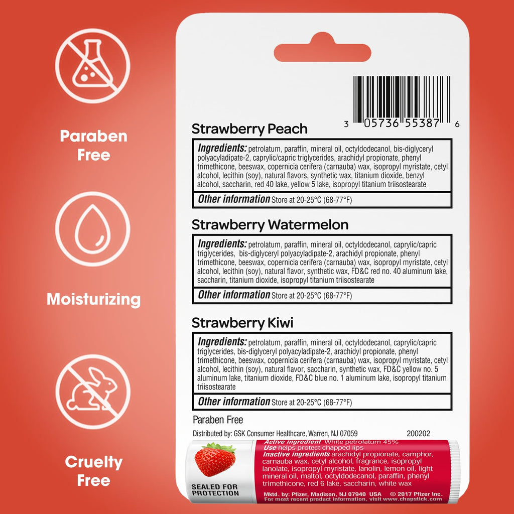 ChapStick Strawberry Lip Balm 5-Pack – Remix 3-Pack + Original 2-Pack, Sweet & Fruity Moisturizers for Dry Lips, 0.15 Oz Ea