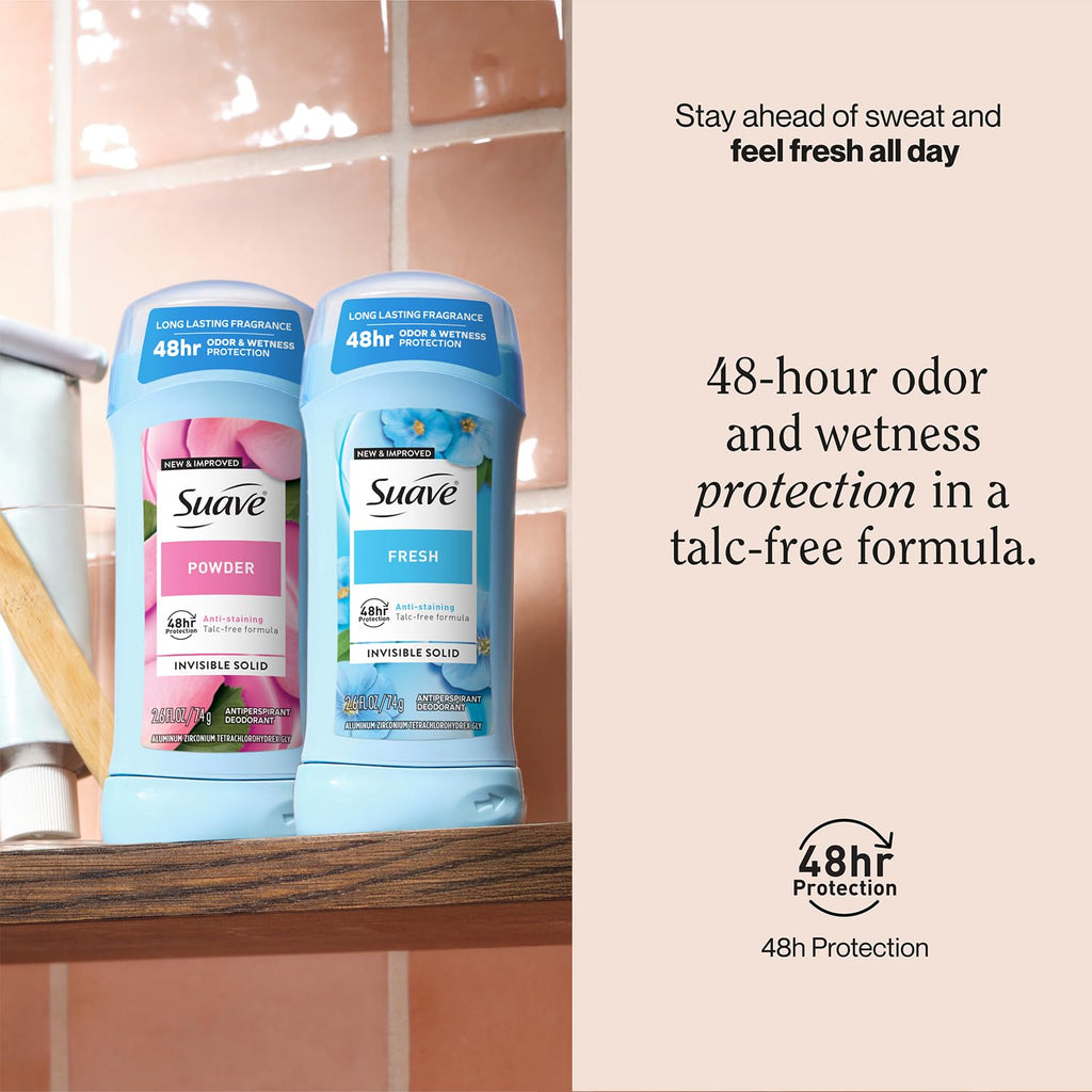 Suave Antiperspirant Deodorant for Women, Fresh & Powder Variety 2-Pack – Anti-Staining Invisible Solid Sticks, Talc-Free, 2.6 Oz Ea