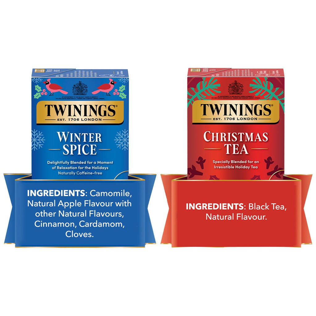 Twinings Holiday Sweet & Spicy Tea Variety 2-Pack – Caffeinated Christmas Tea and Caffeine-Free Winter Spice Herbal, Christmas Gift, 20 Tea Bags Ea