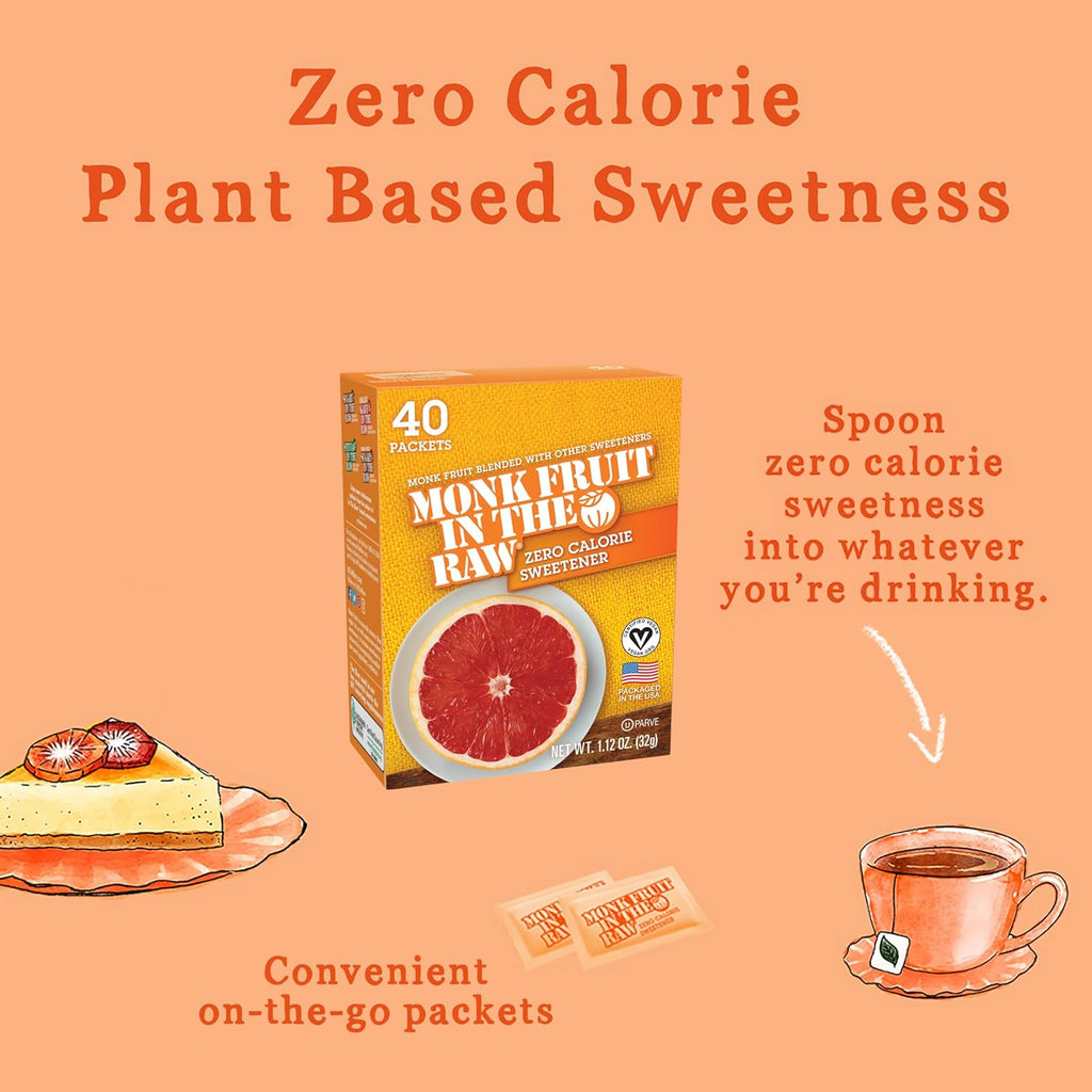 MONK FRUIT IN THE RAW Zero-Calorie Sugar Substitute Packets - Natural Monk Fruit Sweetener Powder, No Erythritol, Plant-Based Keto Sweetener, Diabetic Friendly, 40 Packets Ea (Pack of 2)