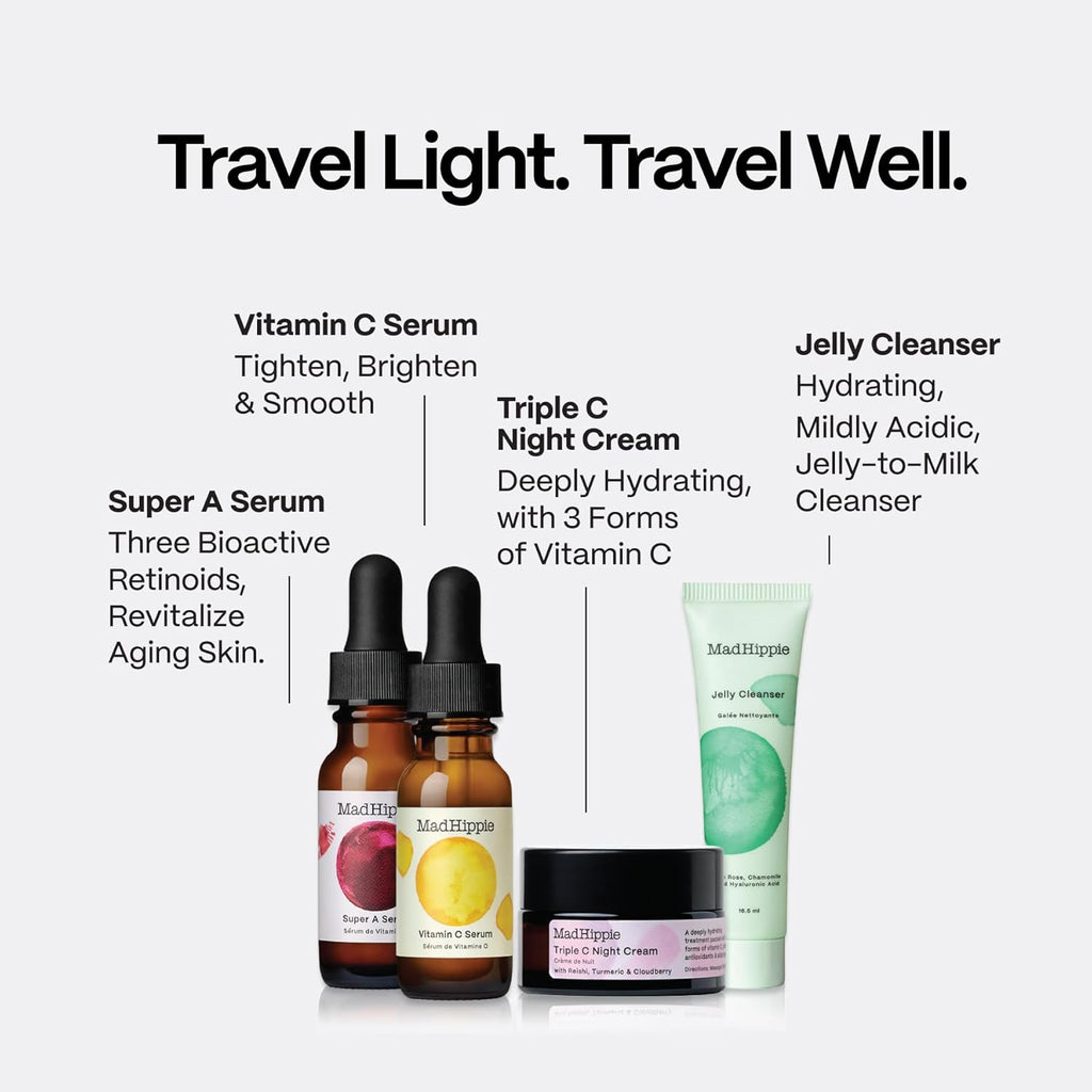 Mad Hippie Travel Essentials – Vitamin C Serum, Triple C Night Cream, Super A Serum + Jelly Cleanser in a 100% Recycled Toiletries Bag, Skin Care
