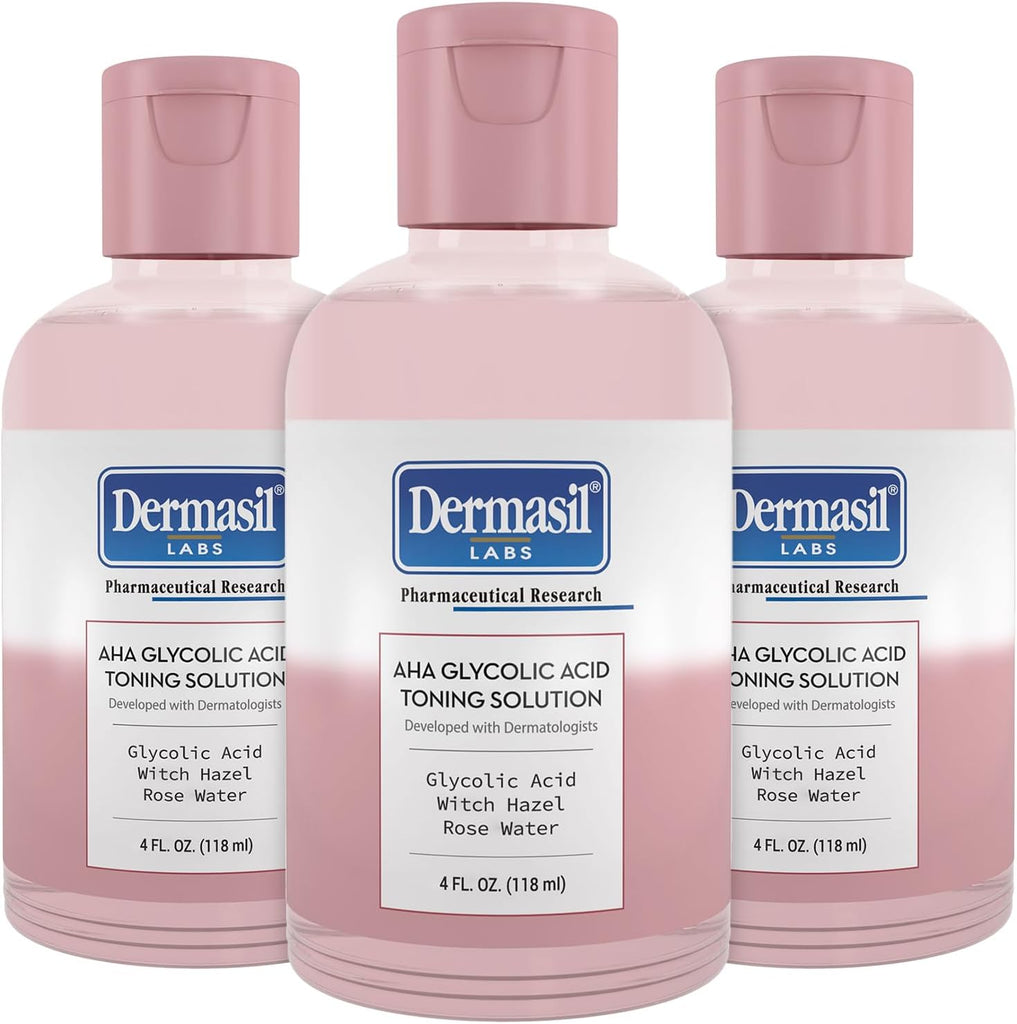 Dermasil AHA Glycolic Acid Toning Solution 3-Pack – Exfoliating Toner for Face with Rose Water, Witch Hazel, and Hyaluronic Acid, 4 Oz Ea