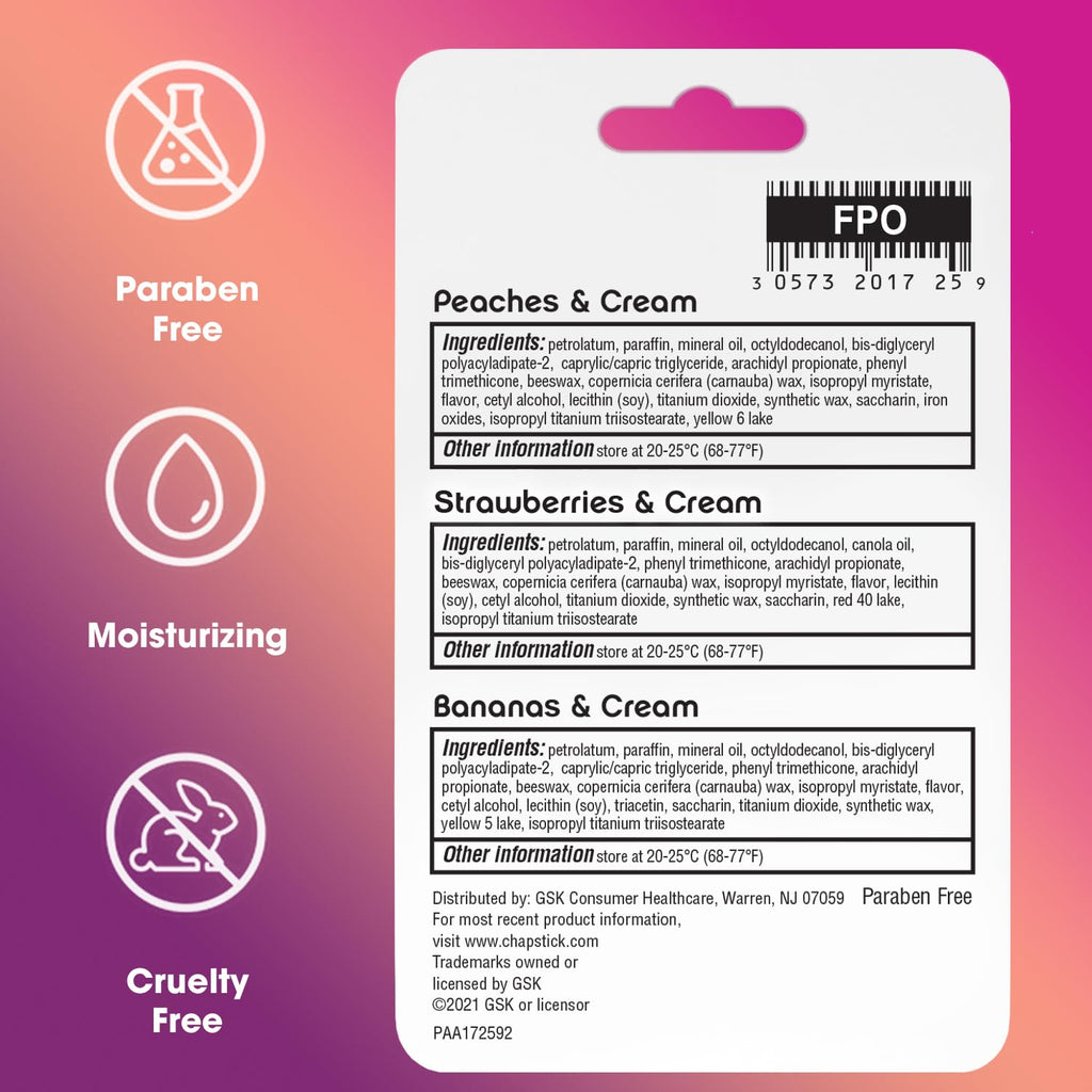 ChapStick Lip Balm Fruit & Cream 3-Pack Collection – Peach, Strawberry & Banana Flavors, 0.15 Oz Ea