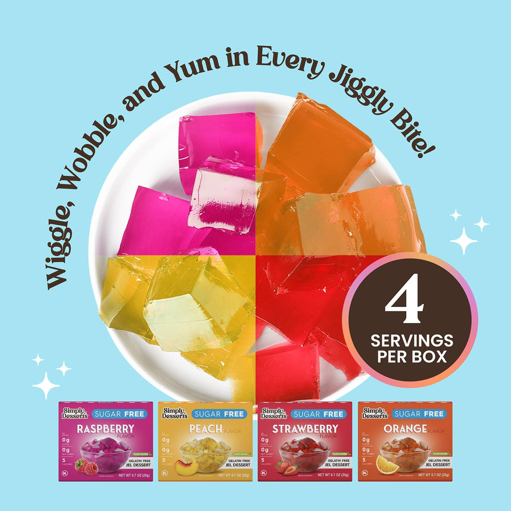 Simply Desserts Sugar-Free Jel Variety 12-Pack (Raspberry, Peach, Orange,Strawberry)-Vegan Dessert, Keto Snacks, Diabetic Friendly & Kosher, 1.7 Oz Ea