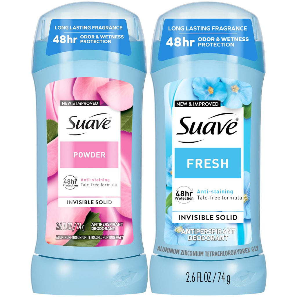 Suave Antiperspirant Deodorant for Women, Fresh & Powder Variety 2-Pack – Anti-Staining Invisible Solid Sticks, Talc-Free, 2.6 Oz Ea