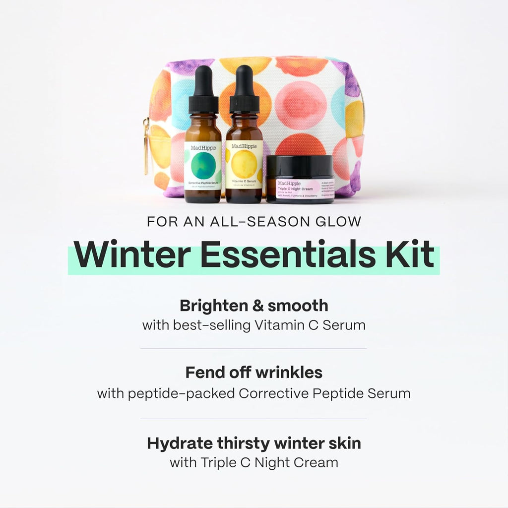 Mad Hippie Wintertime Essentials Travel-Size Skin Care Kit – Vitamin C Serum, Corrective Peptide Serum, Triple C Night Cream (0.5 Oz Ea) in a 100% Recycled Cosmetics Bag + 3 Assorted Sachets