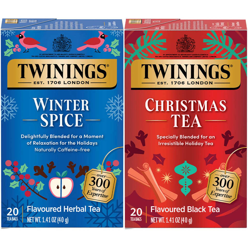 Twinings Holiday Sweet & Spicy Tea Variety 2-Pack – Caffeinated Christmas Tea and Caffeine-Free Winter Spice Herbal, Christmas Gift, 20 Tea Bags Ea