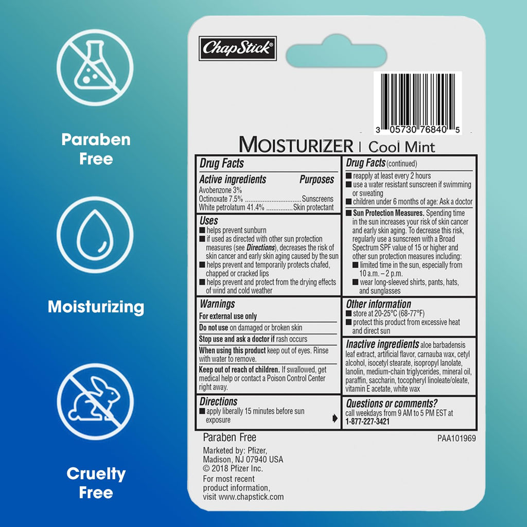 ChapStick Moisturizer (Cool Mint Flavor, 0.15 Ounce, 3 Sticks) Lip Balm Tube, Skin Protectant, Lip Care, SPF 15