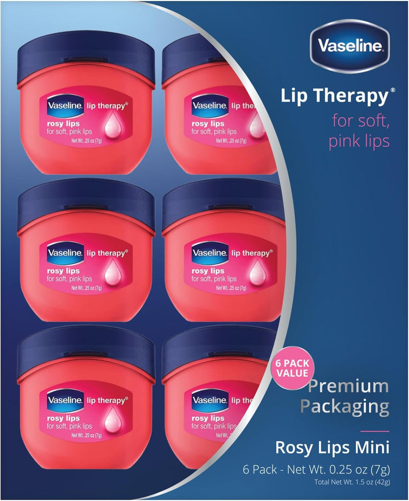 Vaseline Lip Therapy Rosy Lips Mini - Pure Petroleum Jelly, Advanced Moisture, Light Rose Fragrance, Sheer Tint, Pack of 6 (0.25 oz each)