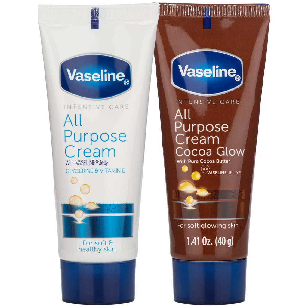 Vaseline Travel Essentials, All Purpose Cream Variety 2-Pack, Original & Cocoa Glow, Hand & Body Lotion for Extremely Dry Skin, 1.41 Oz Ea