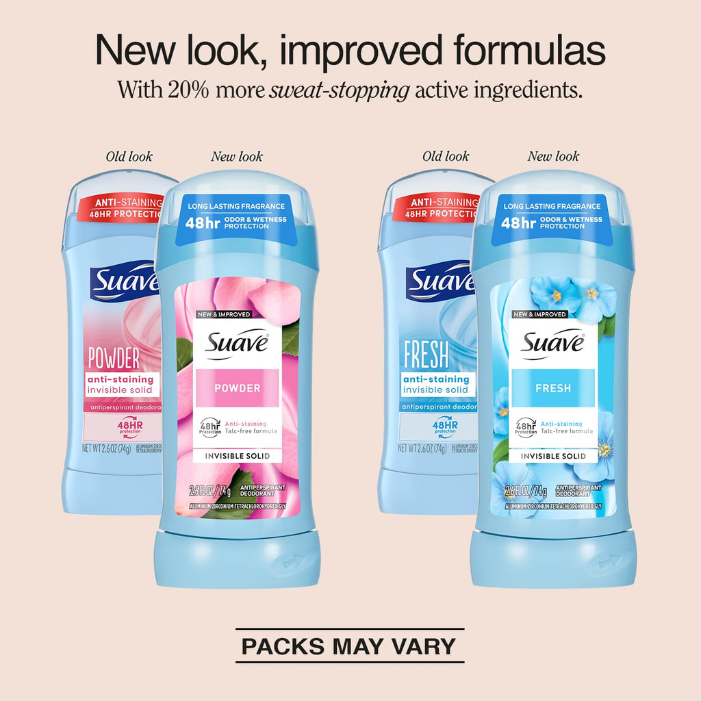 Suave Antiperspirant Deodorant for Women, Fresh & Powder Variety 2-Pack – Anti-Staining Invisible Solid Sticks, Talc-Free, 2.6 Oz Ea