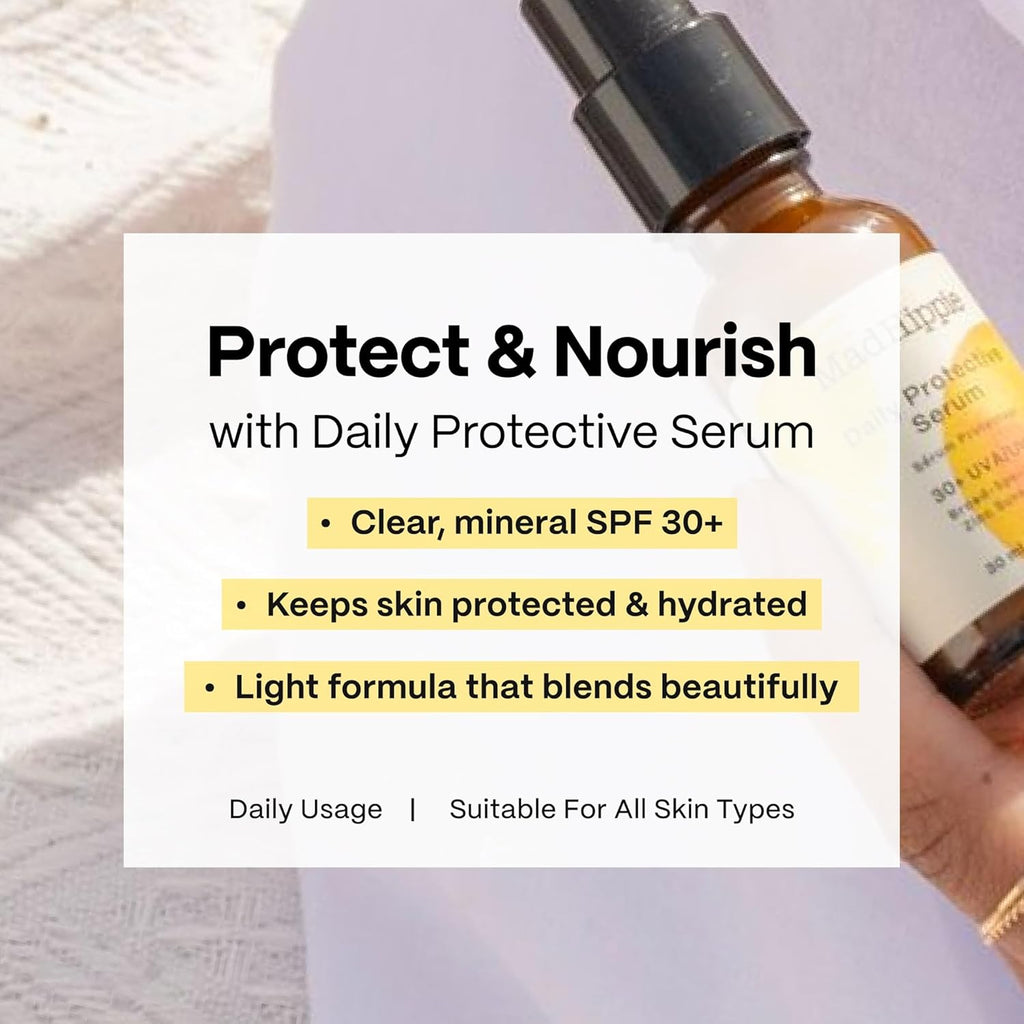 Mad Hippie Vitamin C Serum, Daily Protective SPF Serum + 3 Assorted Pillow Packs – “Springtime Essentials” Wrapped in Watercolor Dots Canvas Tote Bag