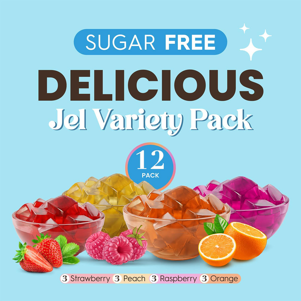 Simply Desserts Sugar-Free Jel Variety 12-Pack (Raspberry, Peach, Orange,Strawberry)-Vegan Dessert, Keto Snacks, Diabetic Friendly & Kosher, 1.7 Oz Ea