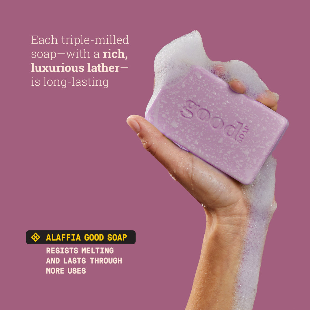 Alaffia Good Soap Lavender (4 Bars) – Long-lasting, triple-milled soap made with fair trade shea butter. Lavender scent, gentle for daily use.