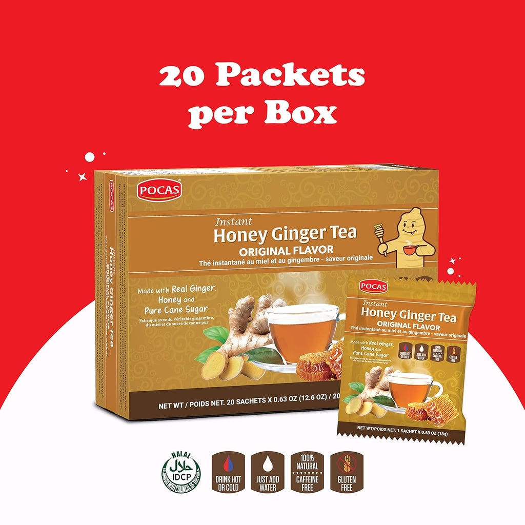 Pocas Honey Ginger Tea, Turmeric, 12.7 Ounce, 20 Bags(Pack of 2)Non-GMO,Non-Diary,Gluten Free,No Artificial & Colors,Honey Crystal,Real Ginger, Sachet