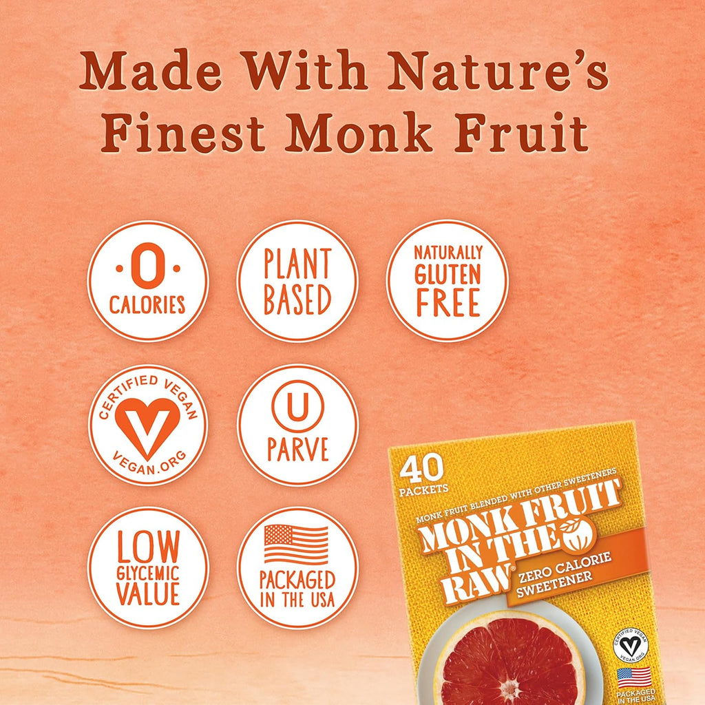 MONK FRUIT IN THE RAW Zero-Calorie Sugar Substitute Packets - Natural Monk Fruit Sweetener Powder, No Erythritol, Plant-Based Keto Sweetener, Diabetic Friendly, 40 Packets Ea (Pack of 2)