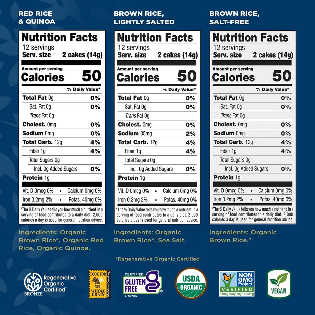 Lundberg Thin Brown Rice Cakes Variety 3-Pack – Regenerative Organic Lightly Salted, Salt-Free, and Red Rice & Quinoa (Salt-Free), 6 Oz Ea