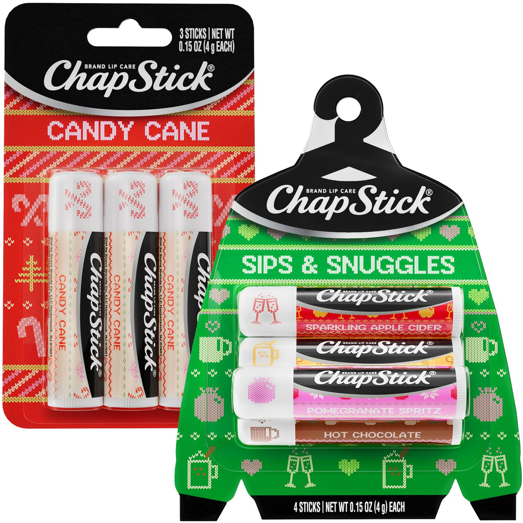 ChapStick Lip Balm, Holiday Variety Packs (7 Sticks) – Candy Cane, Sips & Snuggles Flavored Lip Moisturizers, Stocking Stuffers, 0.15 Oz Ea