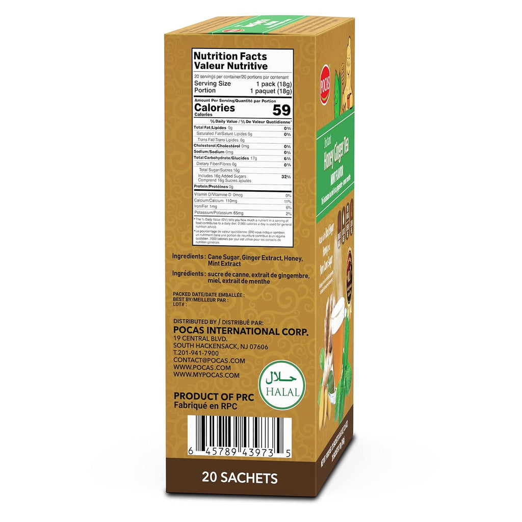 Pocas Honey Ginger Tea—Instant Powder Packets with Mint & Ginger Honey Crystals Tea, Non-GMO/Gluten Free/Caffeine Free Tea, 20 Count (Pack of 2)