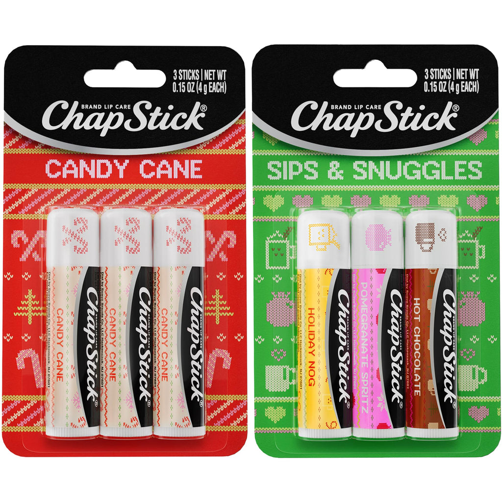 ChapStick Lip Balm, Holiday Variety Packs (6 Sticks) – Candy Cane, Sips & Snuggles Flavored Lip Moisturizers, Stocking Stuffers, Gifts, 0.15 Oz Ea