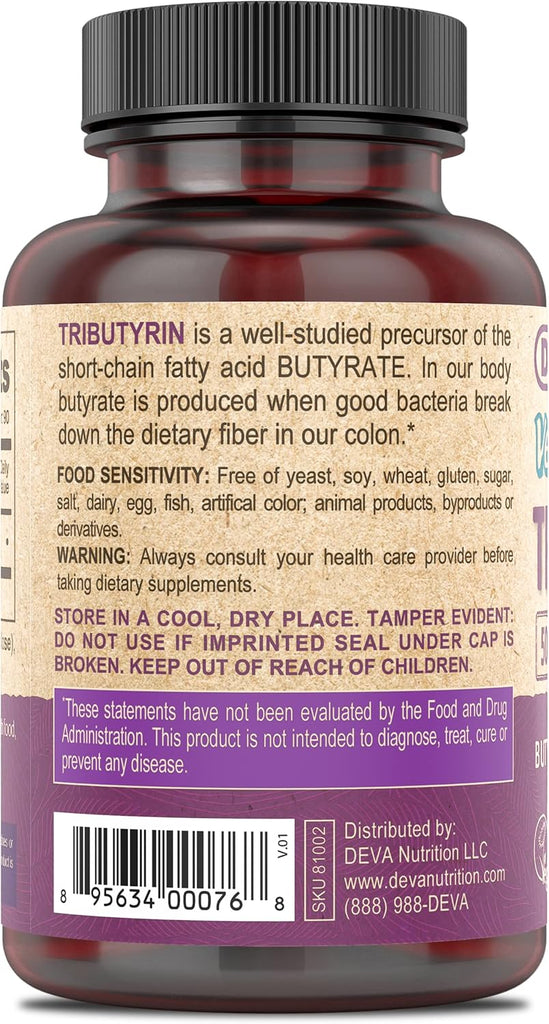 DEVA Vegan Tributyrin Supplement - Butyrate Precursor, Gut Barrier Support, 500 MG Vegan Capsules, Leaky Gut Support, 90 Count (Pack of 2)