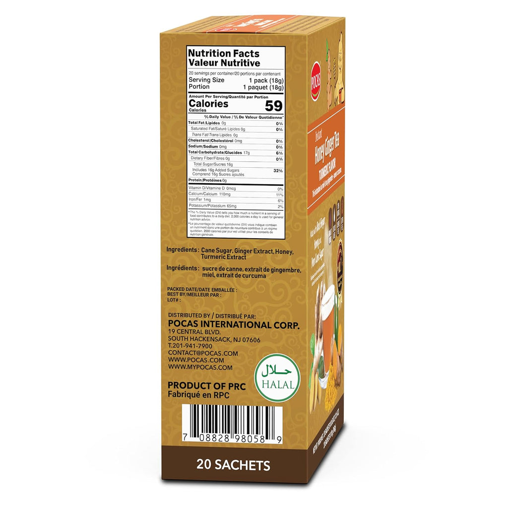 Pocas Honey Ginger Tea, Turmeric, 12.7 Ounce, 20 Bags(Pack of 2)Non-GMO,Non-Diary,Gluten Free,No Artificial & Colors,Honey Crystal,Real Ginger, Sachet