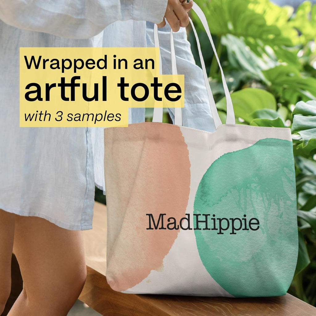 Mad Hippie Vitamin C Serum, Daily Protective SPF Serum + 3 Assorted Pillow Packs – “Springtime Essentials” Wrapped in Watercolor Dots Canvas Tote Bag