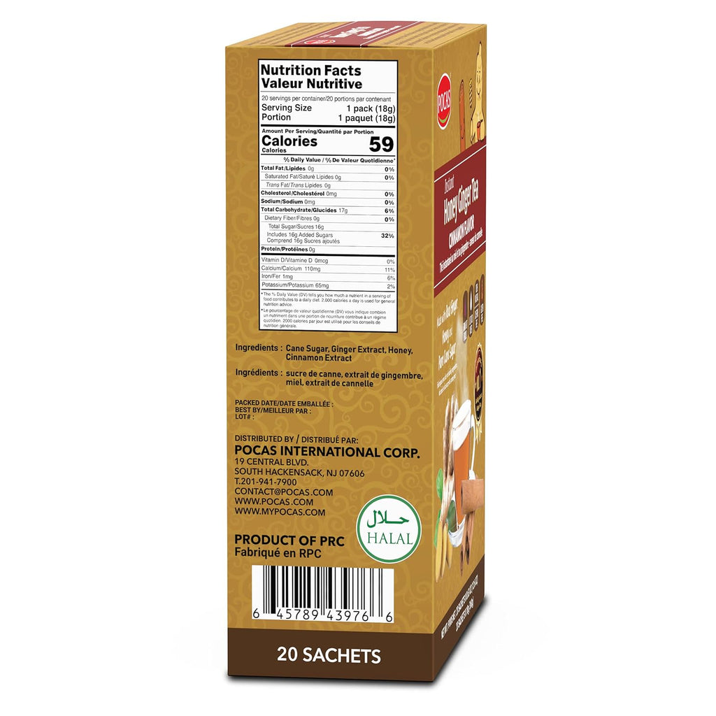 Pocas Honey Ginger Tea—Instant Powder Packets with Cinnamon & Ginger Honey Crystals Tea, Non-GMO/Gluten-Free/Caffeine-Free Tea, 20 Count (Pack of 2)