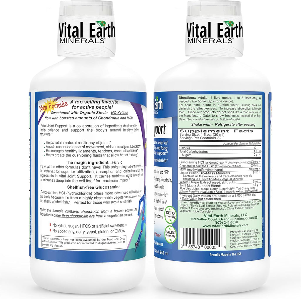 Vital Earth Liquid Joint Support – Glucosamine, Chondroitin, MSM, Hyaluronic Acid, Boswellia & Fulvic Acid (70+ Trace Minerals), 32 Oz + 1 Oz Cup