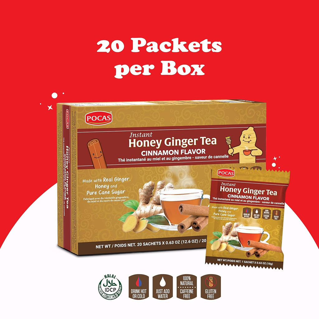 Pocas Honey Ginger Tea—Instant Powder Packets with Cinnamon & Ginger Honey Crystals Tea, Non-GMO/Gluten-Free/Caffeine-Free Tea, 20 Count (Pack of 2)
