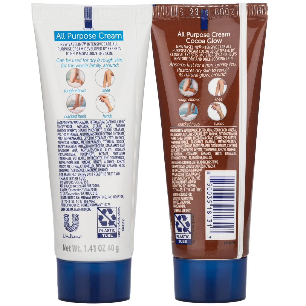 Vaseline Travel Essentials, All Purpose Cream Variety 2-Pack, Original & Cocoa Glow, Hand & Body Lotion for Extremely Dry Skin, 1.41 Oz Ea