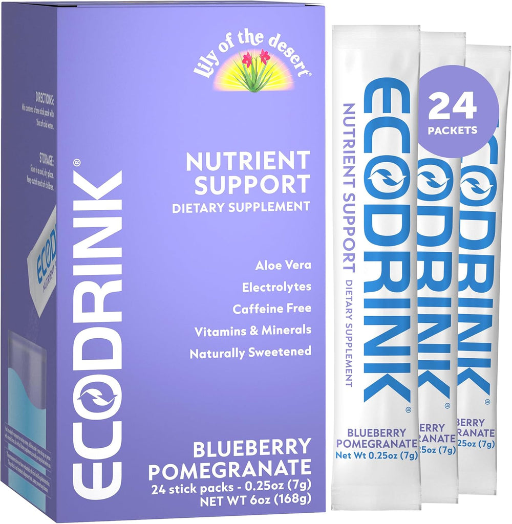 Lily of The Desert EcoDrink Nutrient Support Hydration Packets, Blueberry Pomegranate – Multivitamin Electrolyte Mix with Aloe, 24 Stick Packs/Box, 0.25 Oz Ea