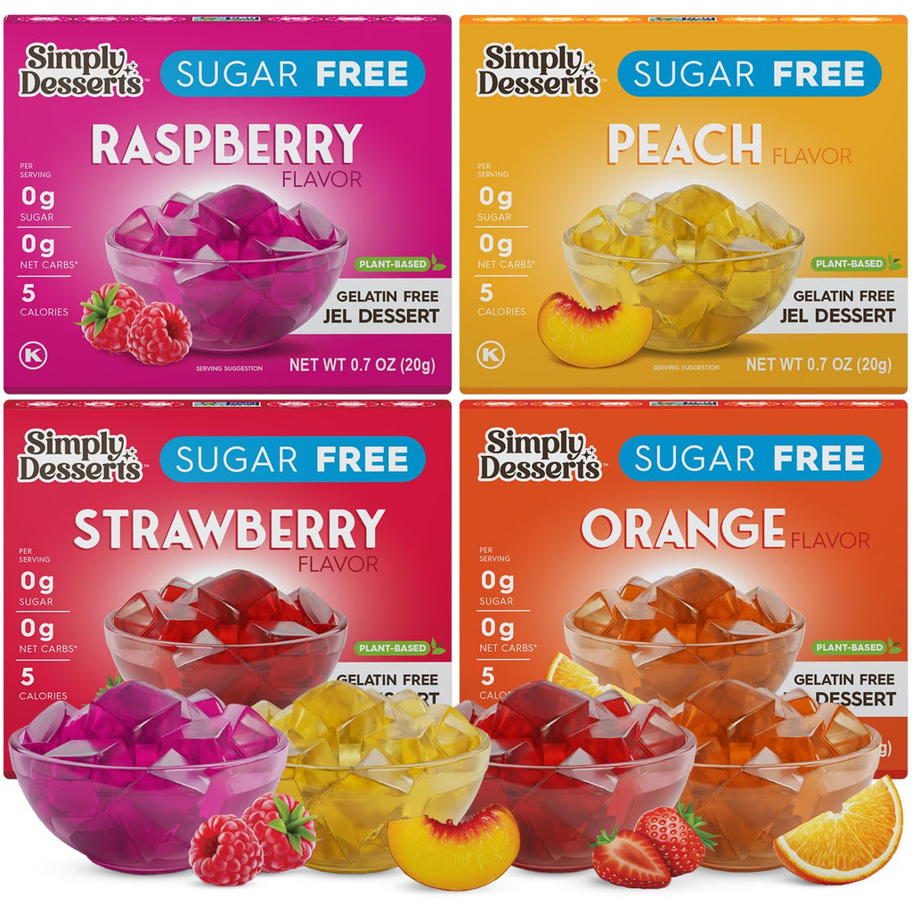 Simply Desserts Sugar-Free Jel 4-Pack (Raspberry, Peach, Orange, Strawberry) – Vegan, Keto, Diabetic-Friendly, Kosher Snack, 1.7 Oz Each