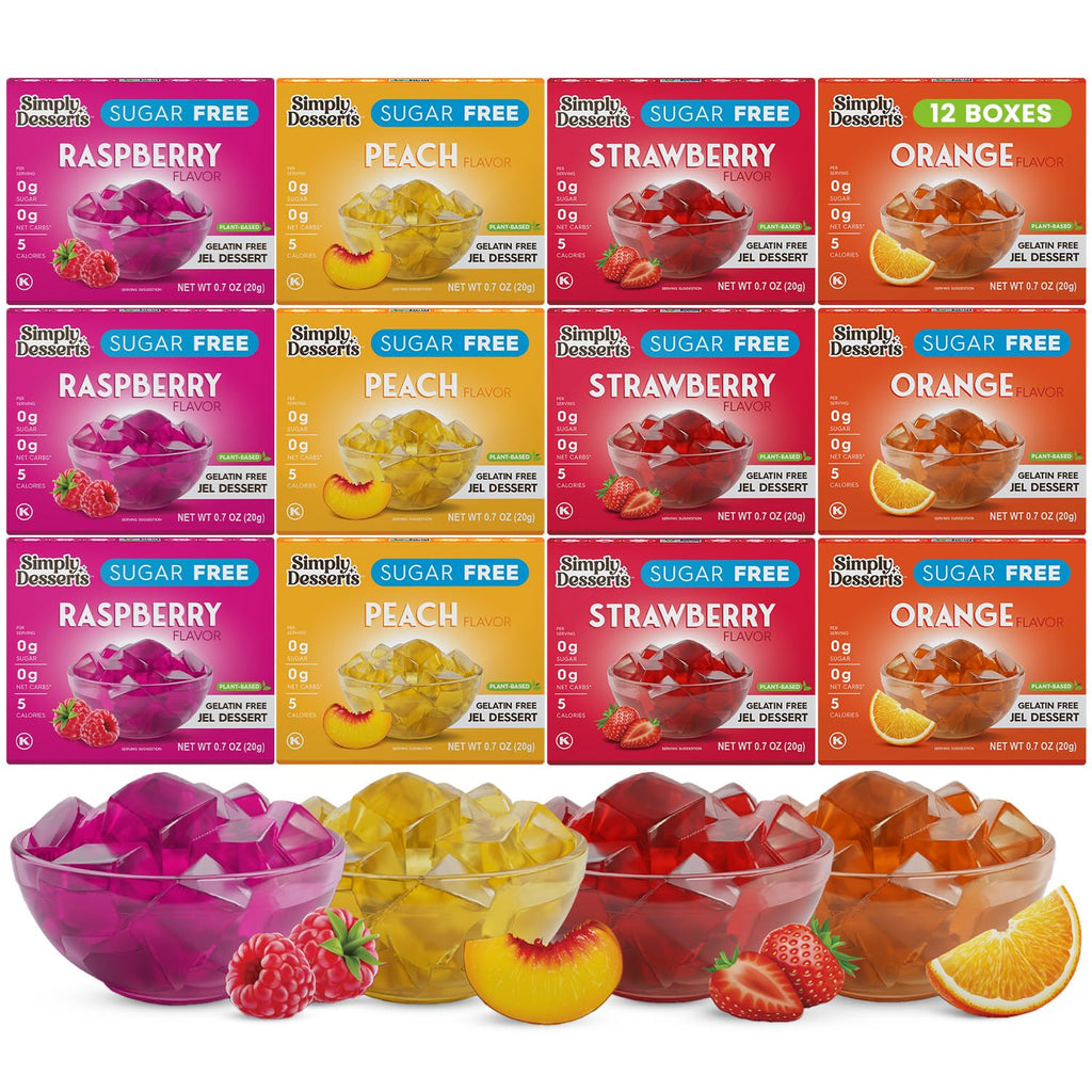 Simply Desserts Sugar-Free Jel Variety 12-Pack (Raspberry, Peach, Orange,Strawberry)-Vegan Dessert, Keto Snacks, Diabetic Friendly & Kosher, 1.7 Oz Ea