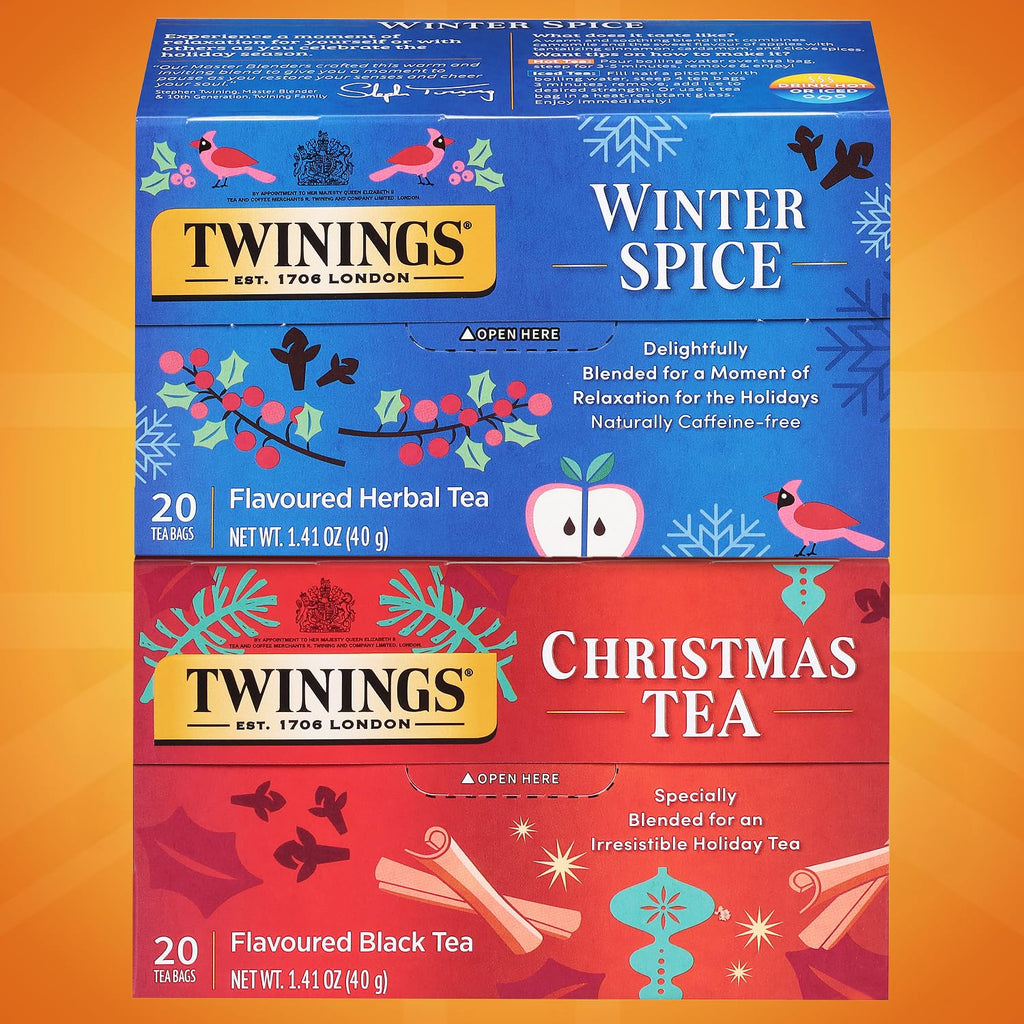 Twinings Holiday Sweet & Spicy Tea Variety 2-Pack – Caffeinated Christmas Tea and Caffeine-Free Winter Spice Herbal, Christmas Gift, 20 Tea Bags Ea